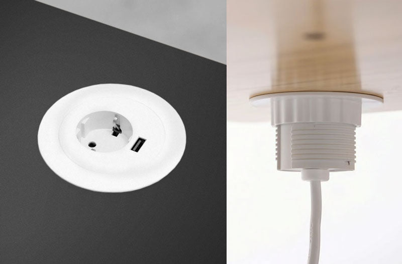 Eine Collage aus zwei Nahaufnahmen, die eine weiße Kabeldurchführung in einem Jarvis-Stehpult mit Wechselstrom-Steckdosen und einem USB-Ladeanschluss zeigt.