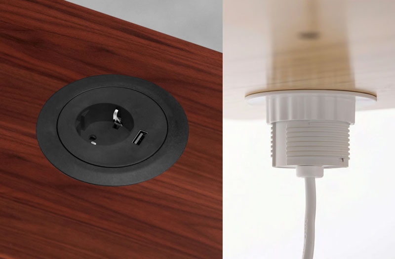 Eine Collage aus zwei Nahaufnahmen, die eine schwarz-weiße Kabeldurchführung in einem Jarvis-Stehpult mit Netzsteckdosen und einem USB-Ladeanschluss zeigt.