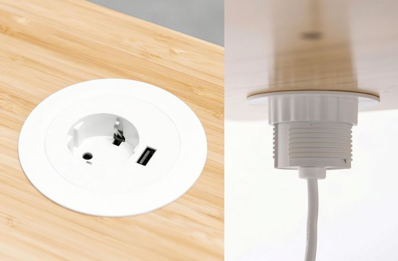 Eine Collage aus zwei Nahaufnahmen, die eine weiße Kabeldurchführung in einem Jarvis-Stehpult mit Wechselstrom-Steckdosen und einem USB-Ladeanschluss zeigt.