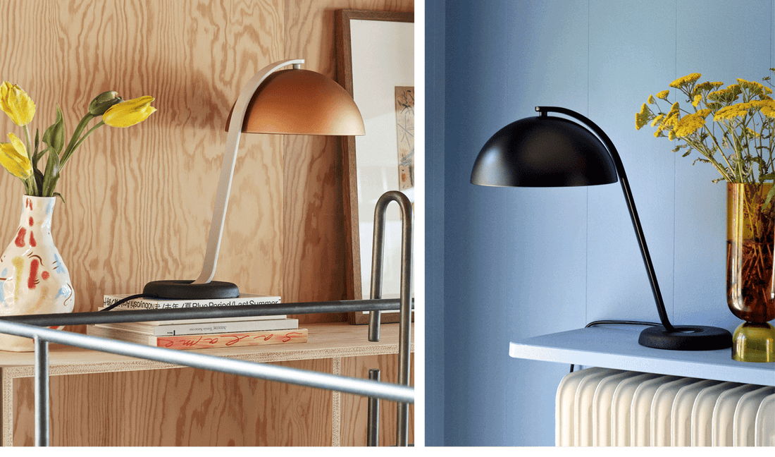 Zwei Bilder der stilvollen Cloche-Kuppellampe von HAY in Messing und Schwarz.