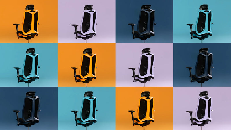 Ein spielerisches und fesselndes Video, das den Herman Miller Vantum Gaming-Stuhl in Gelb, Lila und Blau zeigt.