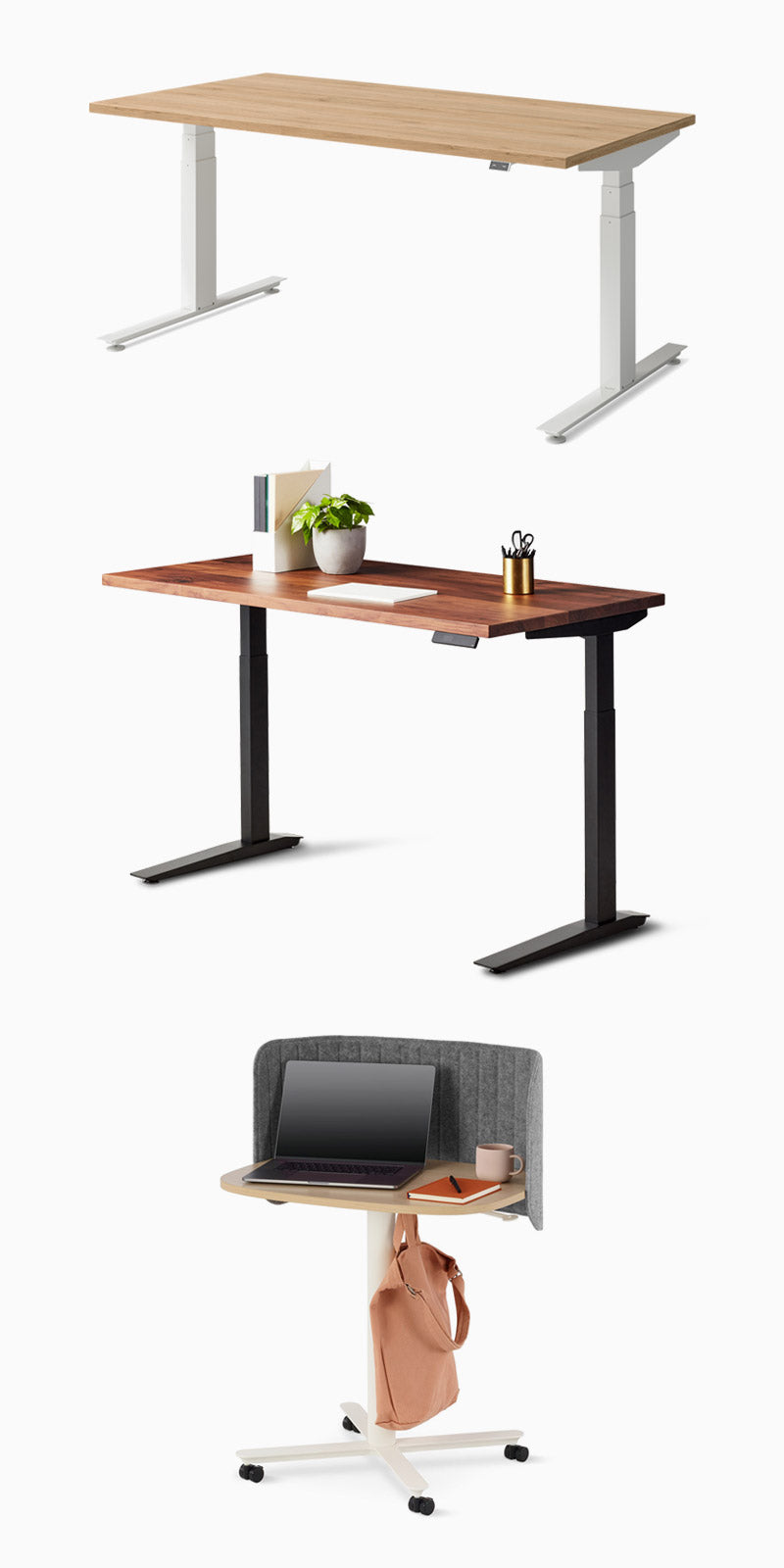Bild mit Jarvis Sitz-Steh-Schreibtisch mit weißen Beinen und Eichenplatte, Nevi Sitz-Steh-Schreibtisch mit schwarzen Beinen und Holzplatte, Passport Arbeitstisch mit Filzblende und OE1 rechteckigem Sitz-Steh-Tisch mit schwarzen Beinen und weißer Platte mit Blende