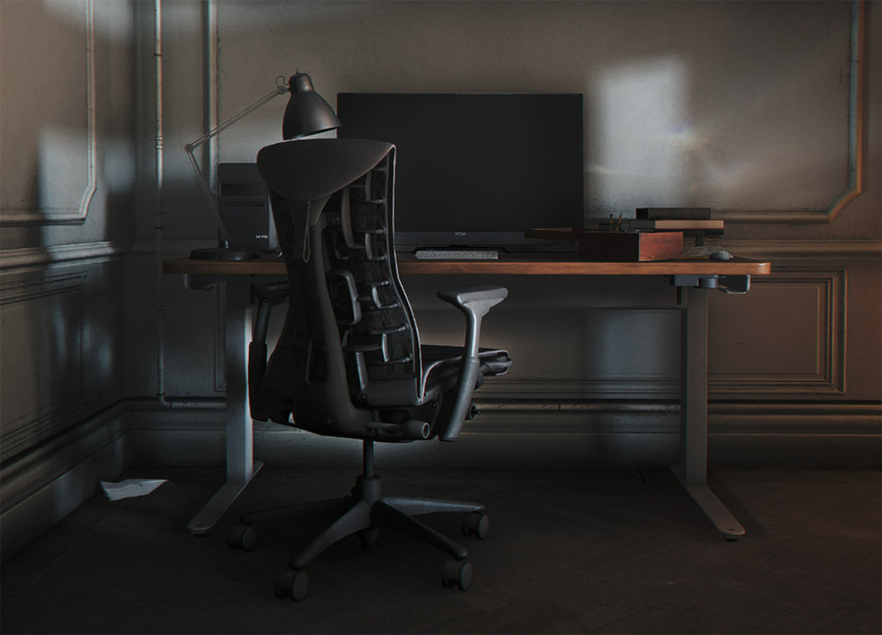 James Bonds persönlicher Herman Miller Embody Gaming-Stuhl als Teil seines stilvollen Heimbüros.