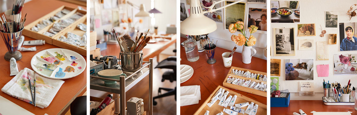 Vier Fotos, die verschiedene Künstlermaterialien, Farben, Pinsel und eine Wand mit verschiedenen Gemälden und Fotografien zeigen