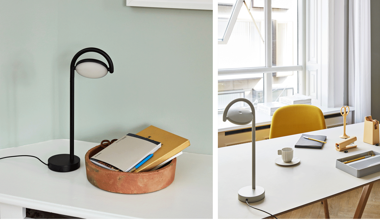 Eine Collage aus zwei Bildern, die zwei HAY Marselis Tischlampen in Schwarz und Grau zeigen.