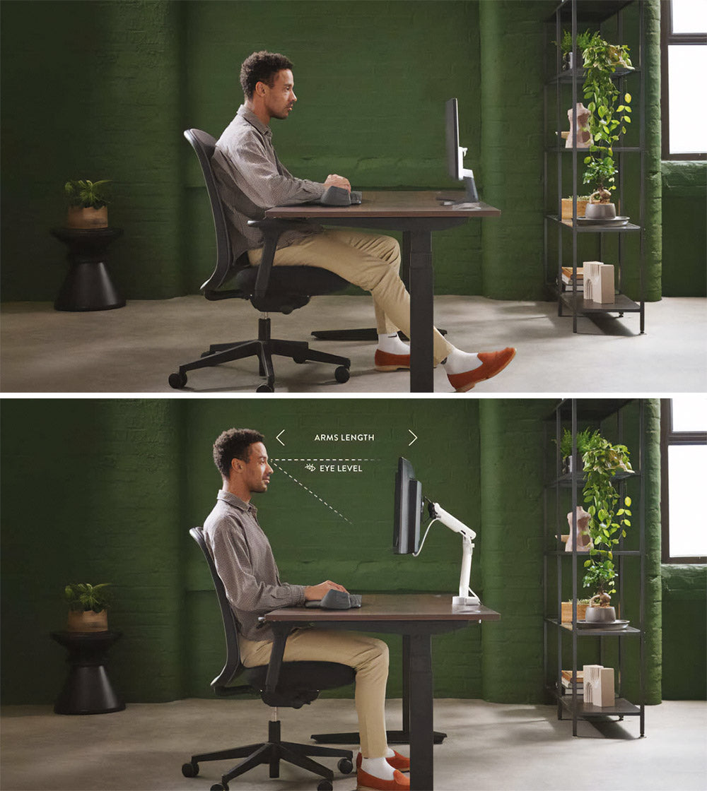 Zwei Bilder, die die Körperhaltung eines Mannes mit und ohne Monitorarm im Rahmen einer Homeoffice-Einrichtung vergleichen.