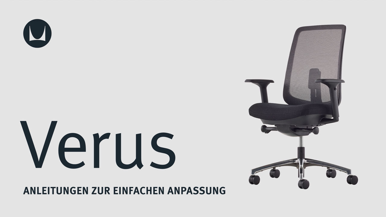 Ein Video, das die technischen Einstellmöglichkeiten eines Herman Miller Verus Bürostuhls zeigt, einschließlich Sitzhöhe, Sitztiefe, Neigungsspannung, Neigungsbegrenzer, Einstellung der Rückenlehne und der Armlehnen.
