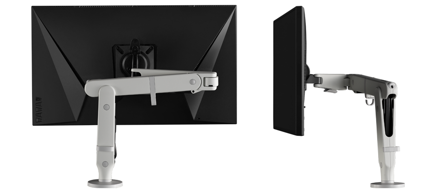 Rück- und Seitenansicht eines CBS Flo X-Monitorarms mit montiertem Bildschirm.