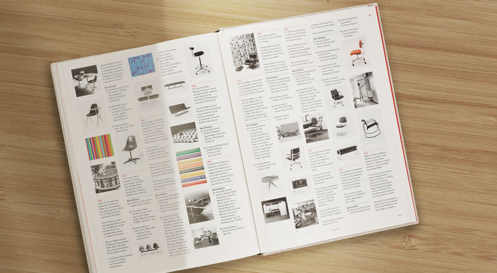 Draufsicht auf ein aufgeschlagenes Herman Miller - A Way of Living Buch. Die Seiten zeigen kleine Bilder von klassischen und innovativen Herman Miller Produkten.