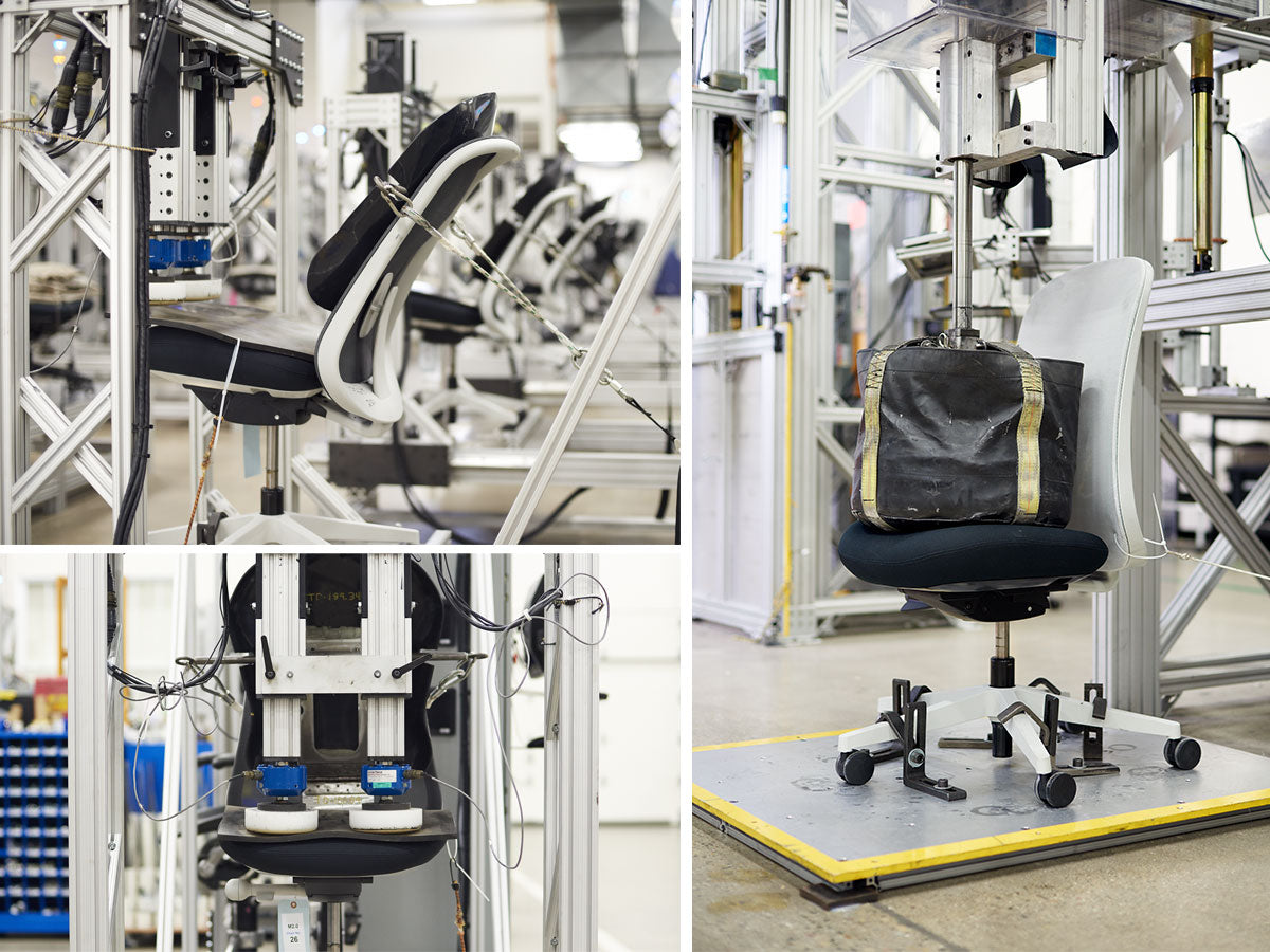 Drei Fotos, die einige der Qualitätsprüfungen zeigen, denen Herman Miller-Stühle im Testlabor unterzogen werden
