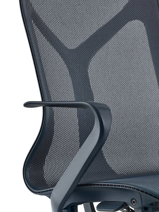 Detail view of a fixed arm on a blue Cosm chair