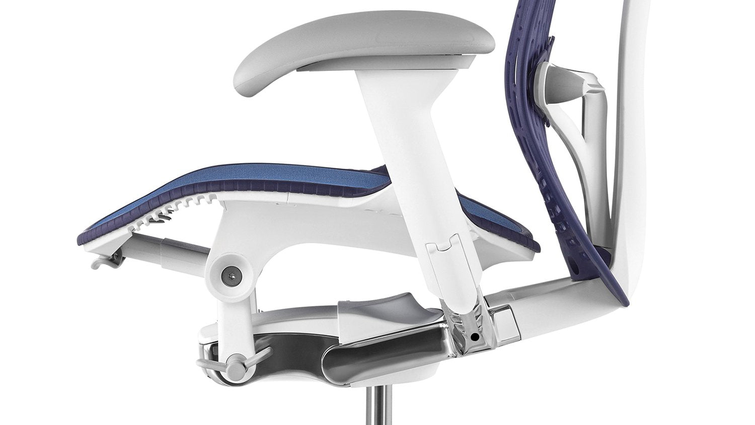 Side view of a blue and white Mirra 2 chair